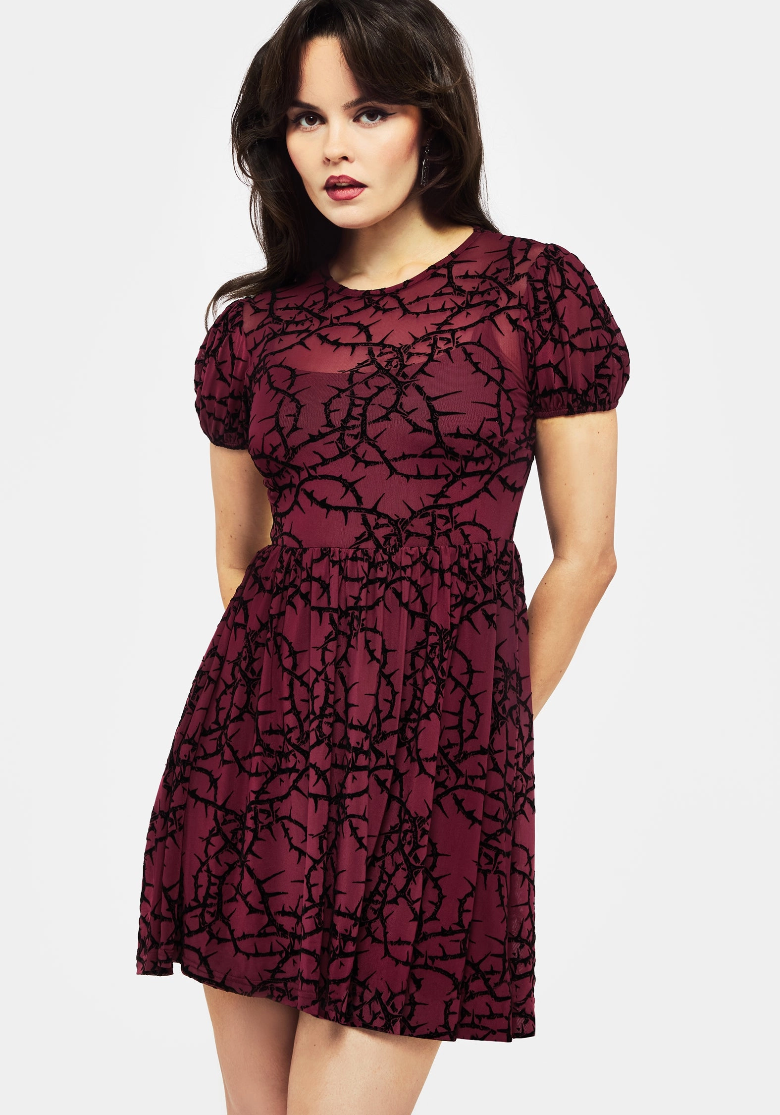 Prickle Thorn Print Mesh Puff Sleeve Mini Dress Dresses Womens - beach dresses cheap
