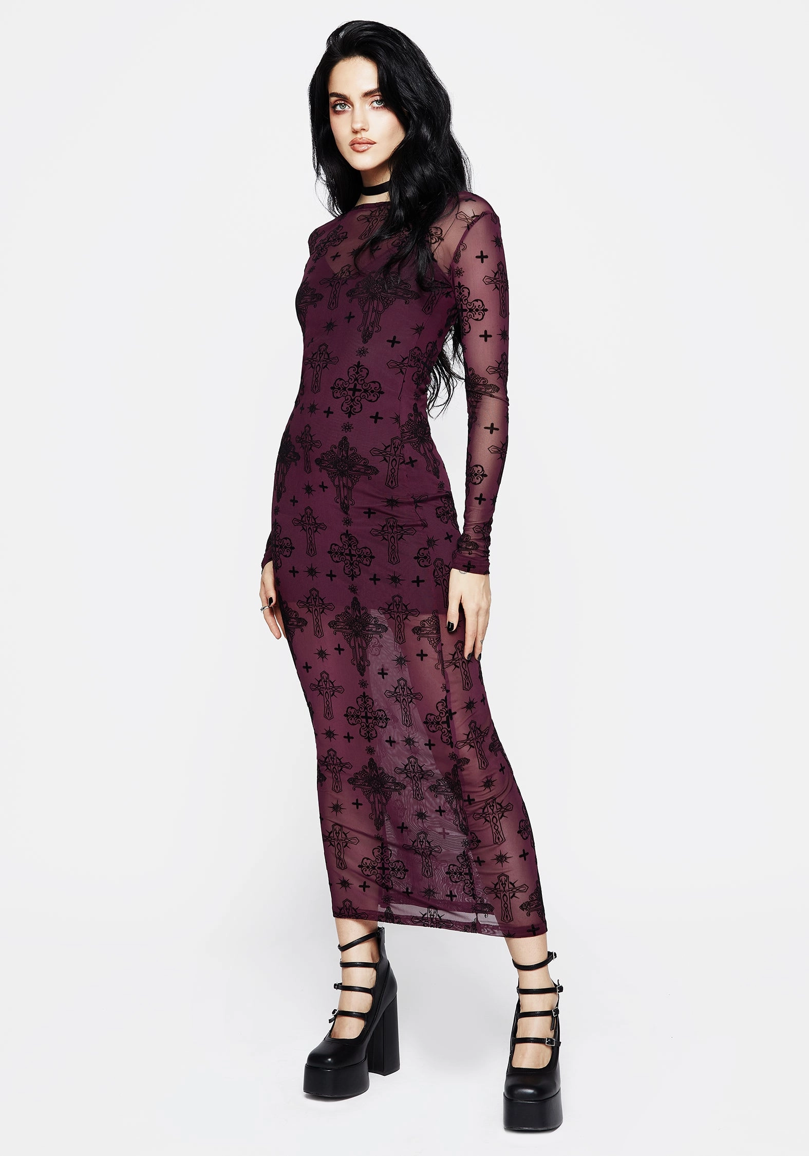 Priestess Flocked Mesh Maxi Dress - Purple Dresses Womens - beach dresses cheap