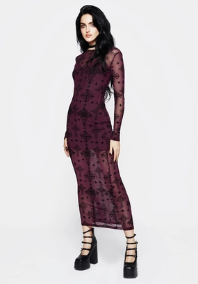 Priestess Flocked Mesh Maxi Dress - Purple Dresses Womens - beach dresses cheap