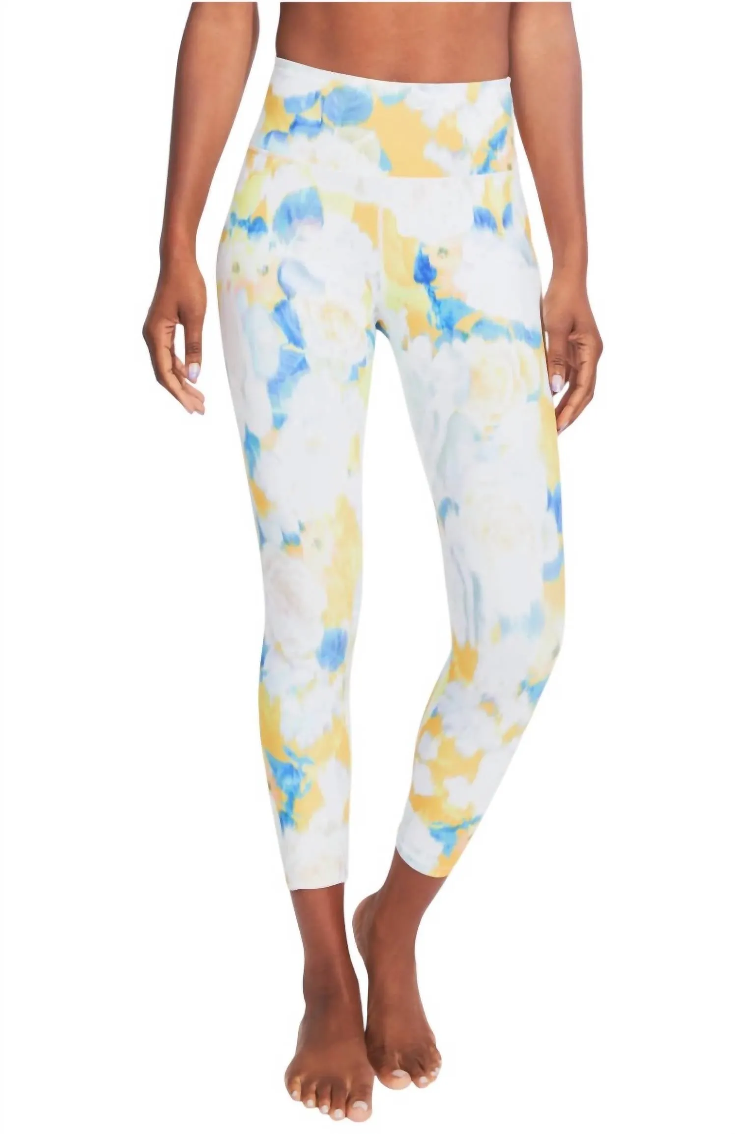 Printed Folded Waistband High Rise Leggings In Mellow Yellow Activewear Womens - yoga pants clearance