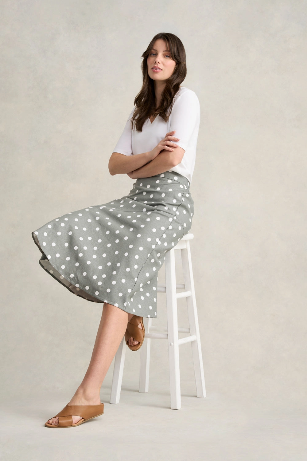 Printed Linen Skirt - Olive Polka Dot