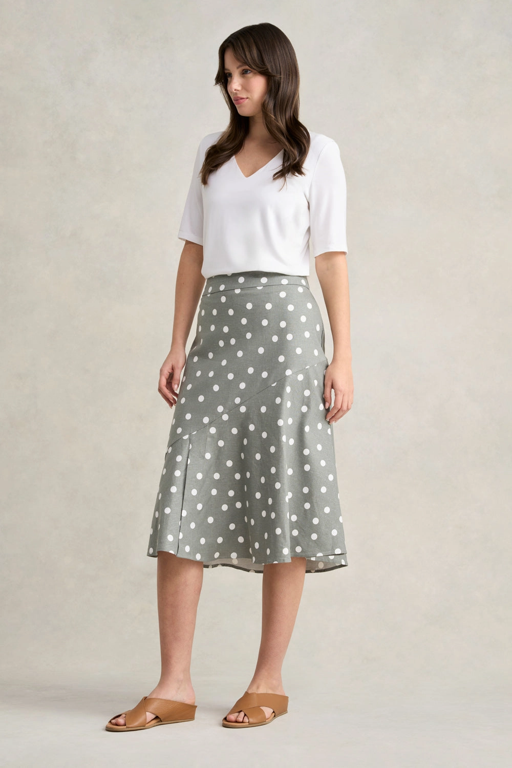 Printed Linen Skirt - Olive Polka Dot