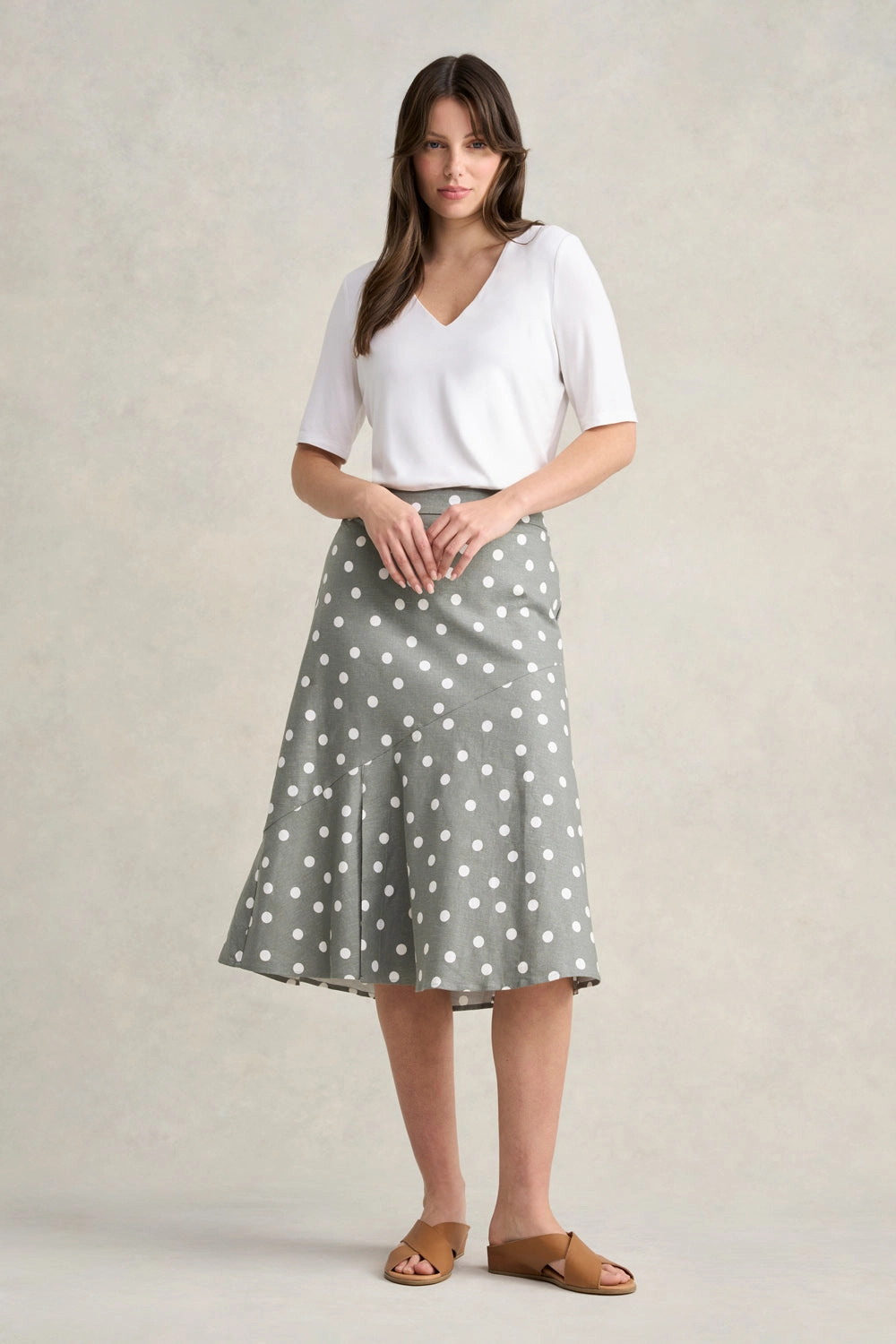 Printed Linen Skirt - Olive Polka Dot