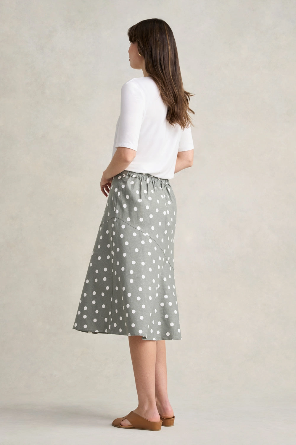 Printed Linen Skirt - Olive Polka Dot