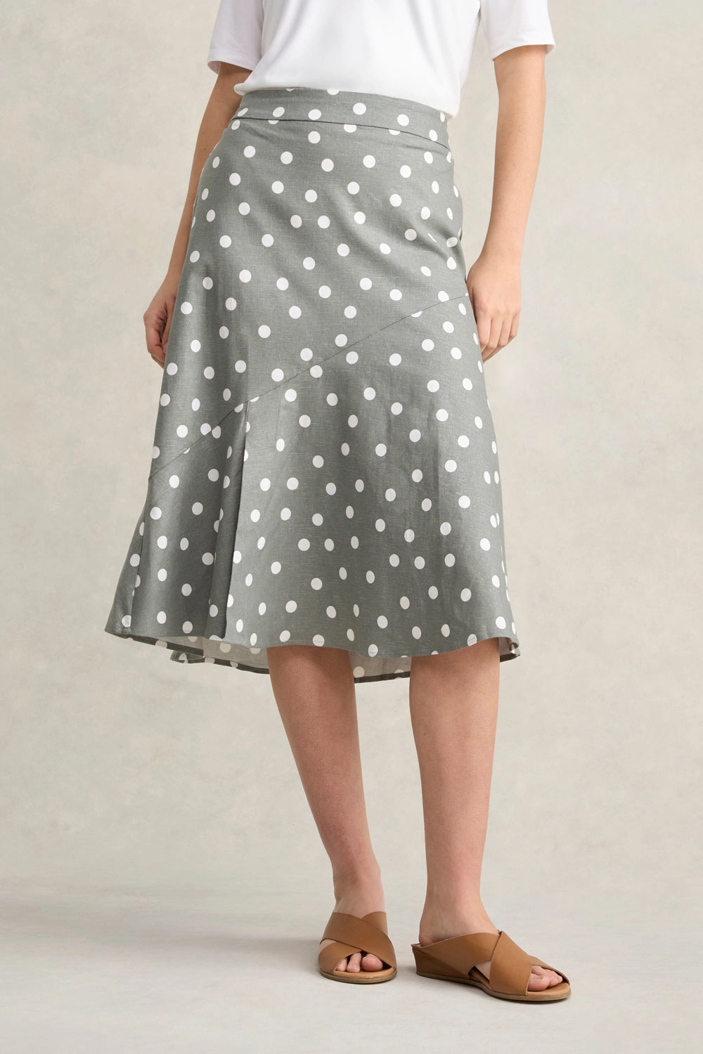 Printed Linen Skirt - Olive Polka Dot