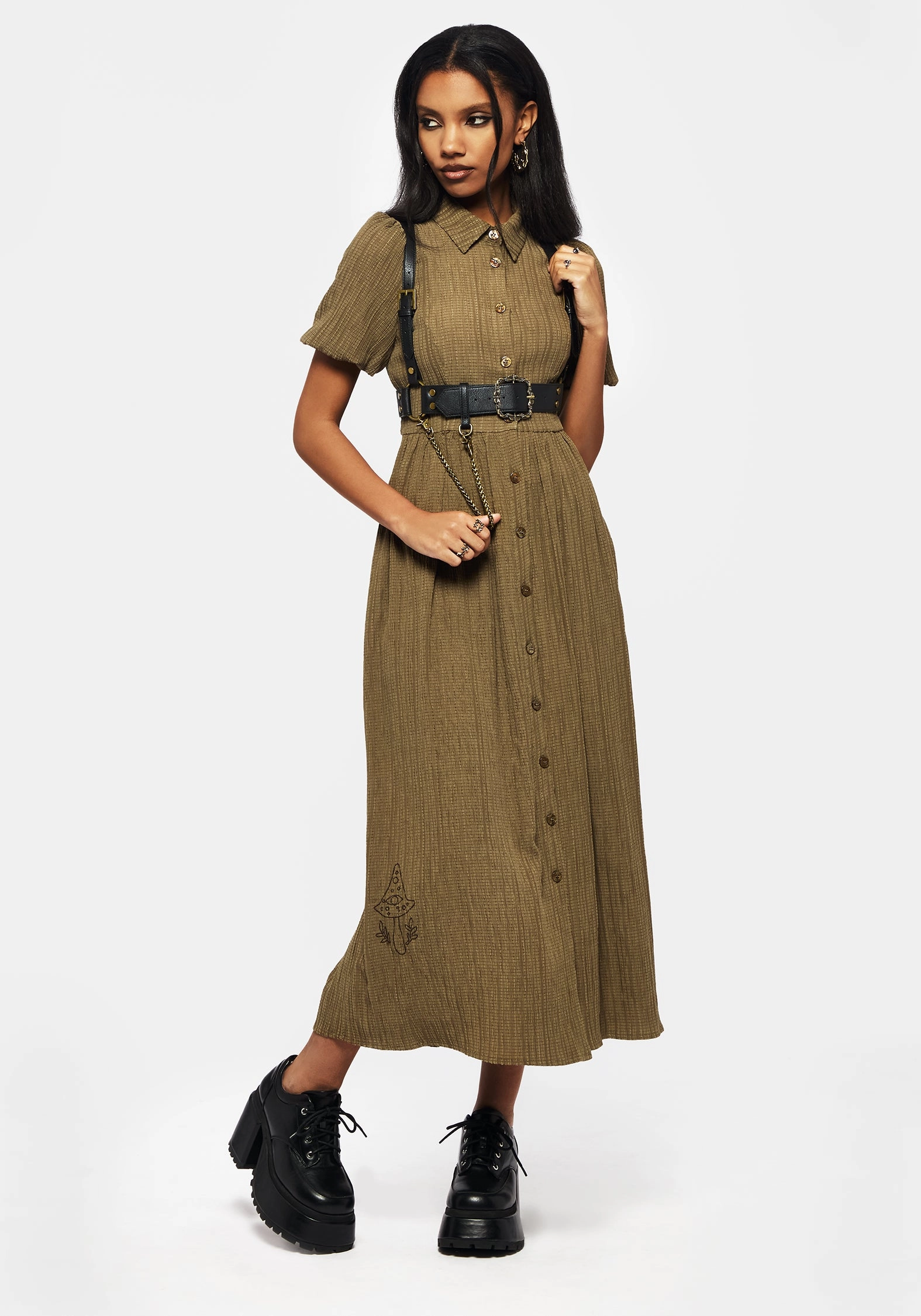 Ramaria Embroidered Puff Sleeve Button Up Midaxi Shirt Dress Dresses Womens - wedding guest outfits
