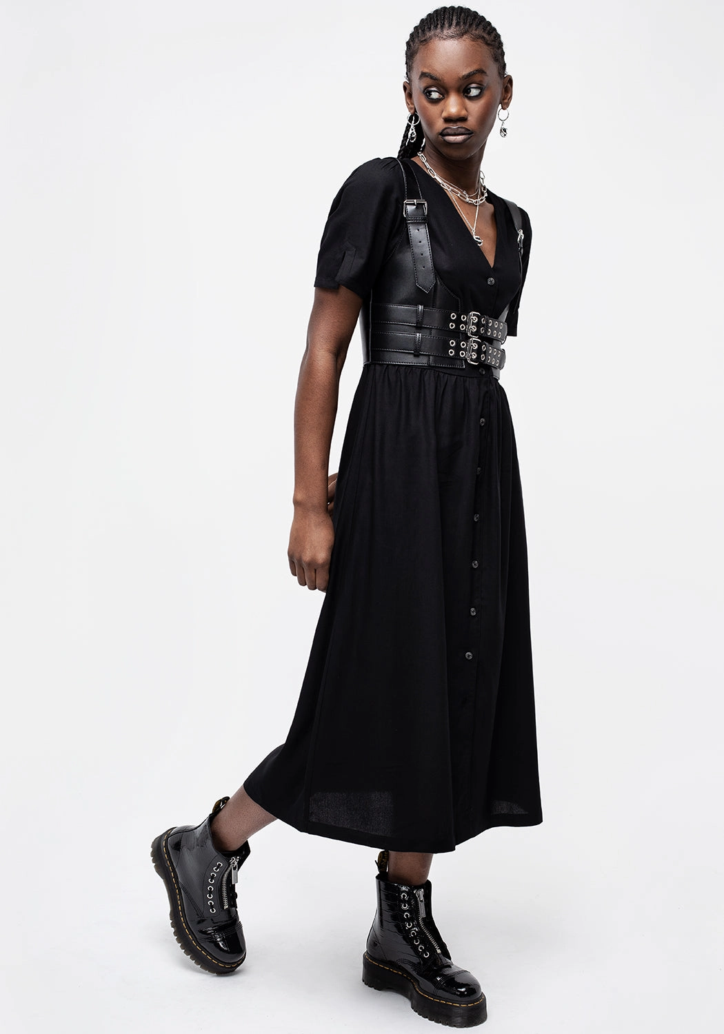 Realm Button Down Midi Dress - Midnight Black