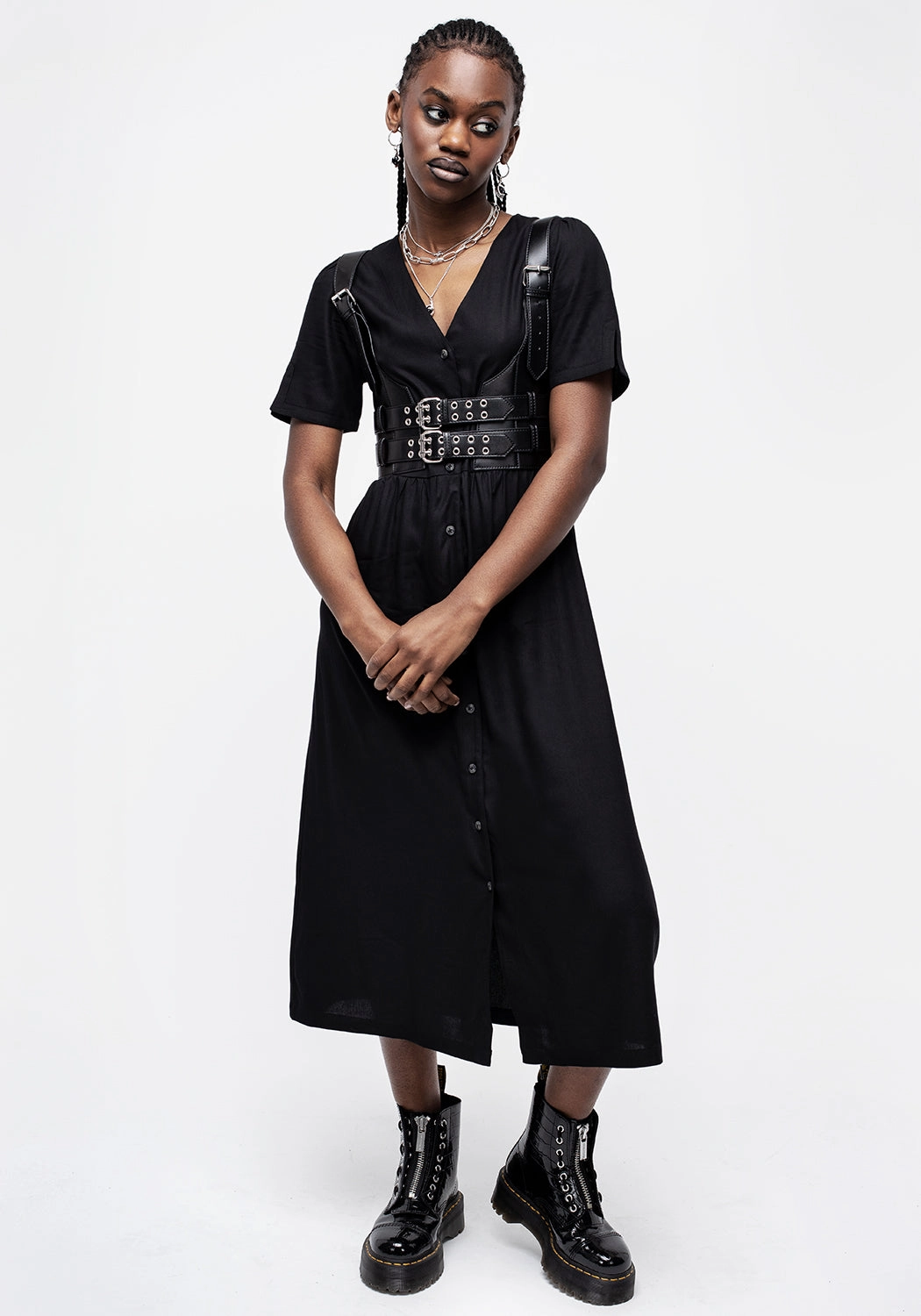 Realm Button Down Midi Dress - Midnight Black