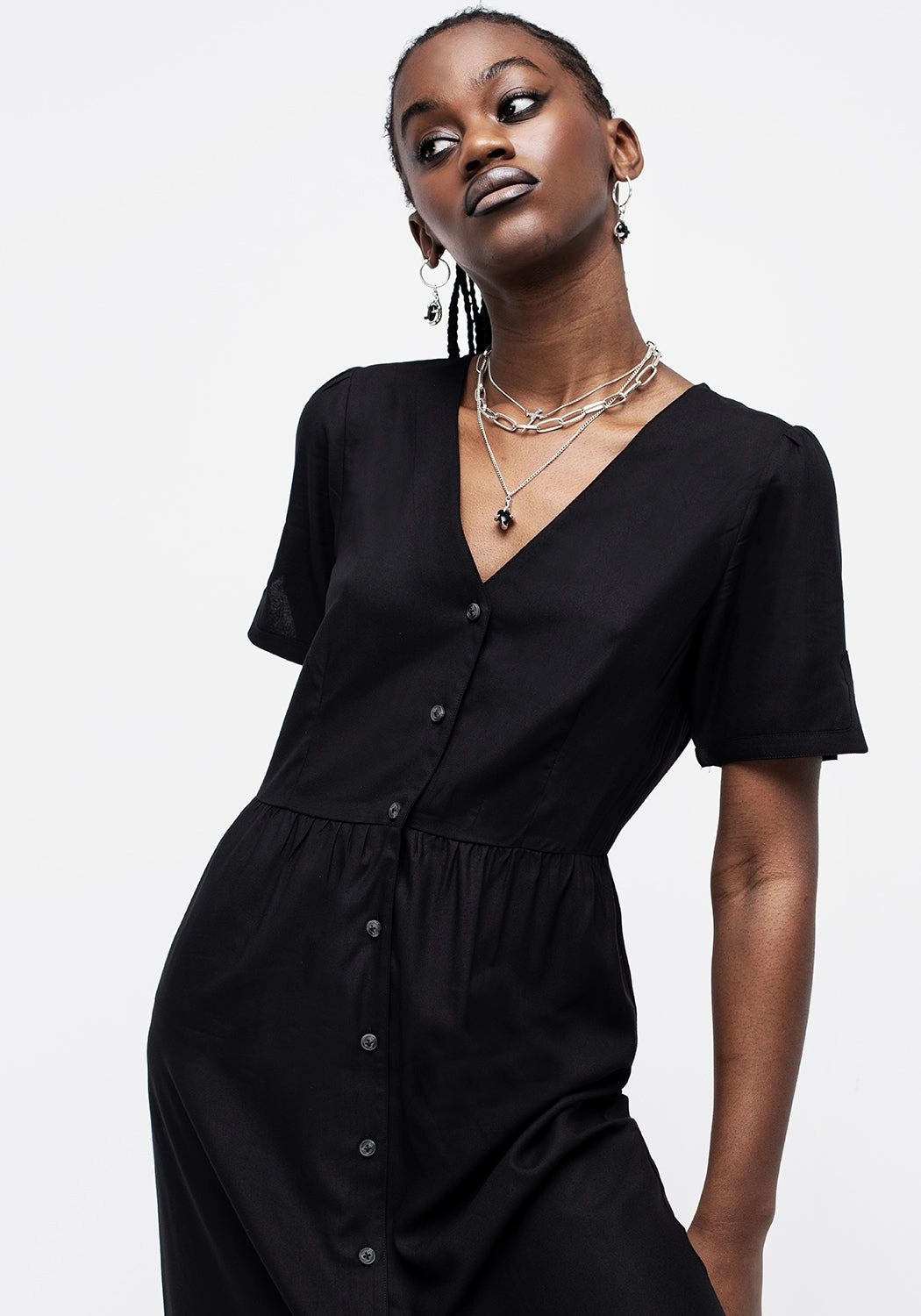 Realm Button Down Midi Dress - Midnight Black