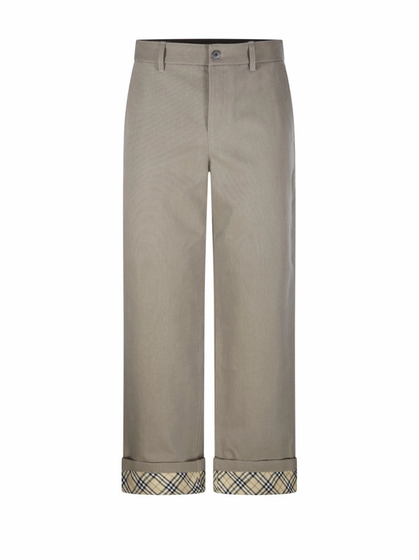 Relaxed Fit Cotton Pants With Check Pattern Cuffs