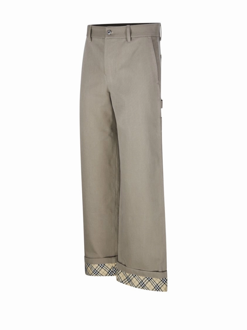 Relaxed Fit Cotton Pants With Check Pattern Cuffs