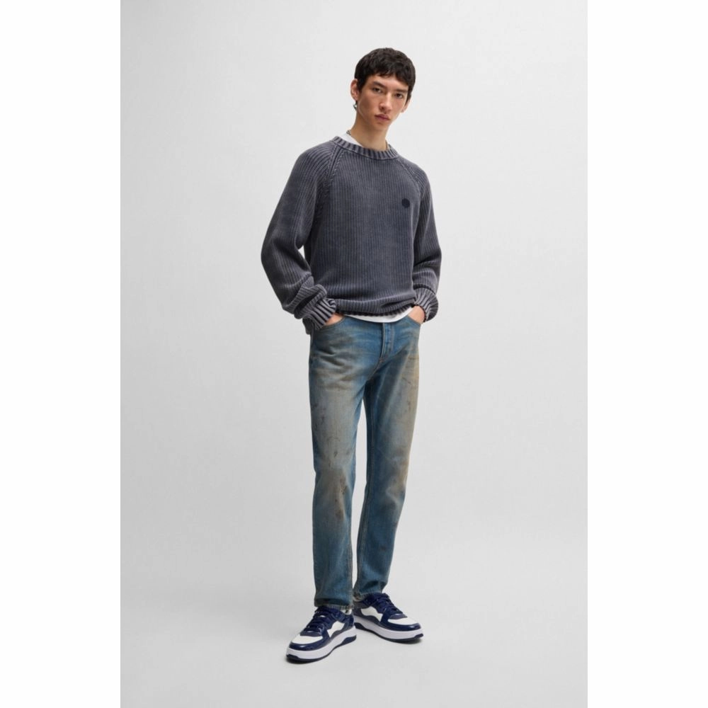 Rib-knit cotton sweater with Happy HUGO logo badge