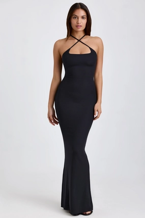 Ribbed Modal Halterneck Maxi Dress in Black Dresses - sundresses outlet