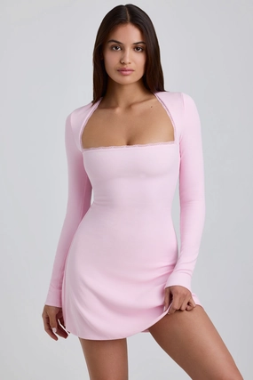 Ribbed Modal Lace-Trim Mini Dress in Blossom Pink Dresses - lace dresses best price