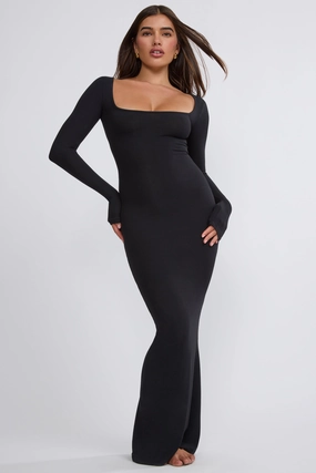 Ribbed Modal Long Sleeve Maxi Dress in Black Dresses - sundresses outlet