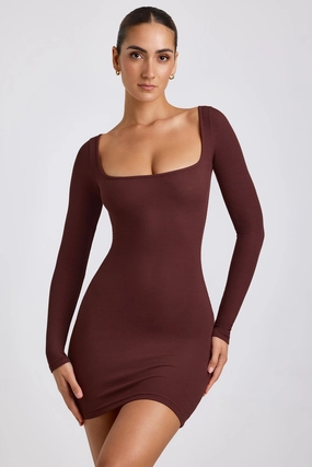 Ribbed Modal Long Sleeve Mini Dress in Chocolate Dresses - wrap dresses discount