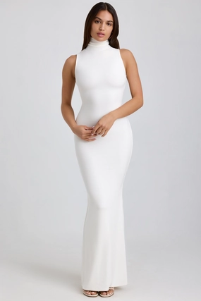 Ribbed Modal Turtleneck Maxi Dress in White Dresses - sundresses outlet