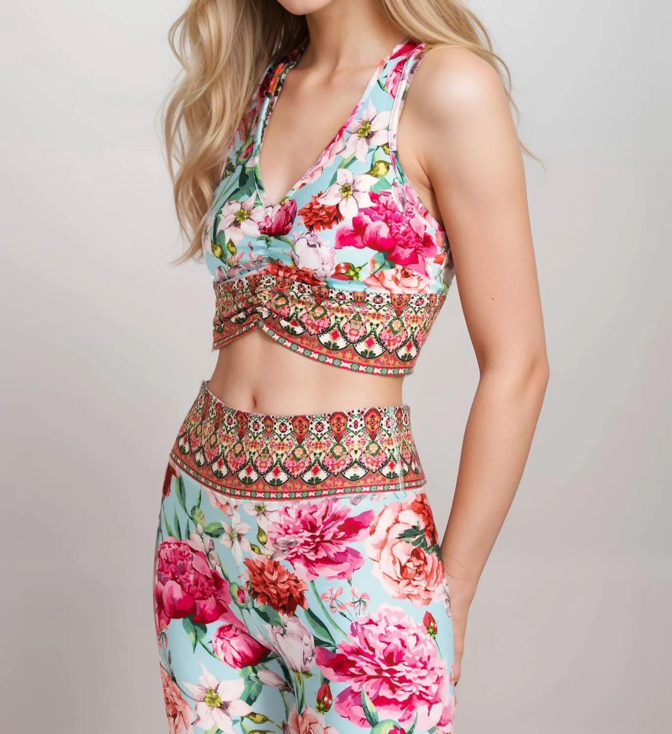 Rose Ruched Sports Bra In Pink Multi