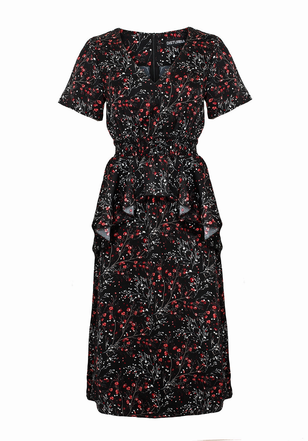 ROSETEARS FRILL PEPLUM MIDI DRESS