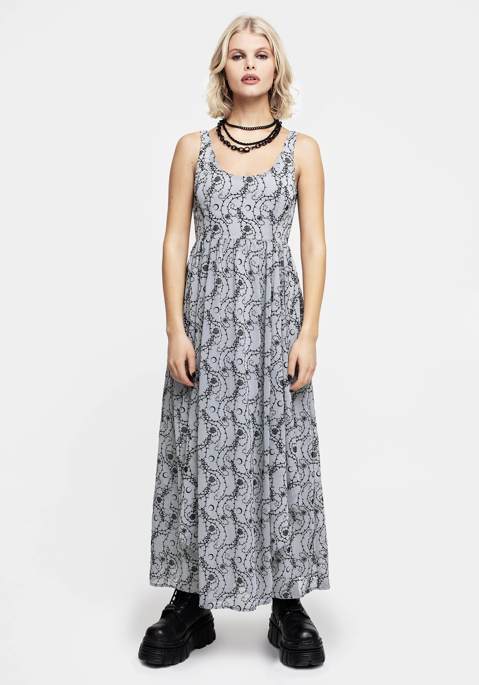 Rosethorn Flocked Velour Chiffon Ruffle Midaxi Dress - Blue
