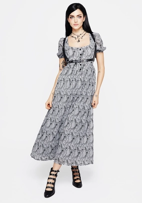 Rosethorn Flocked Velour Puff Sleeve Midaxi Dress - Blue Dresses Womens - wedding guest outfits