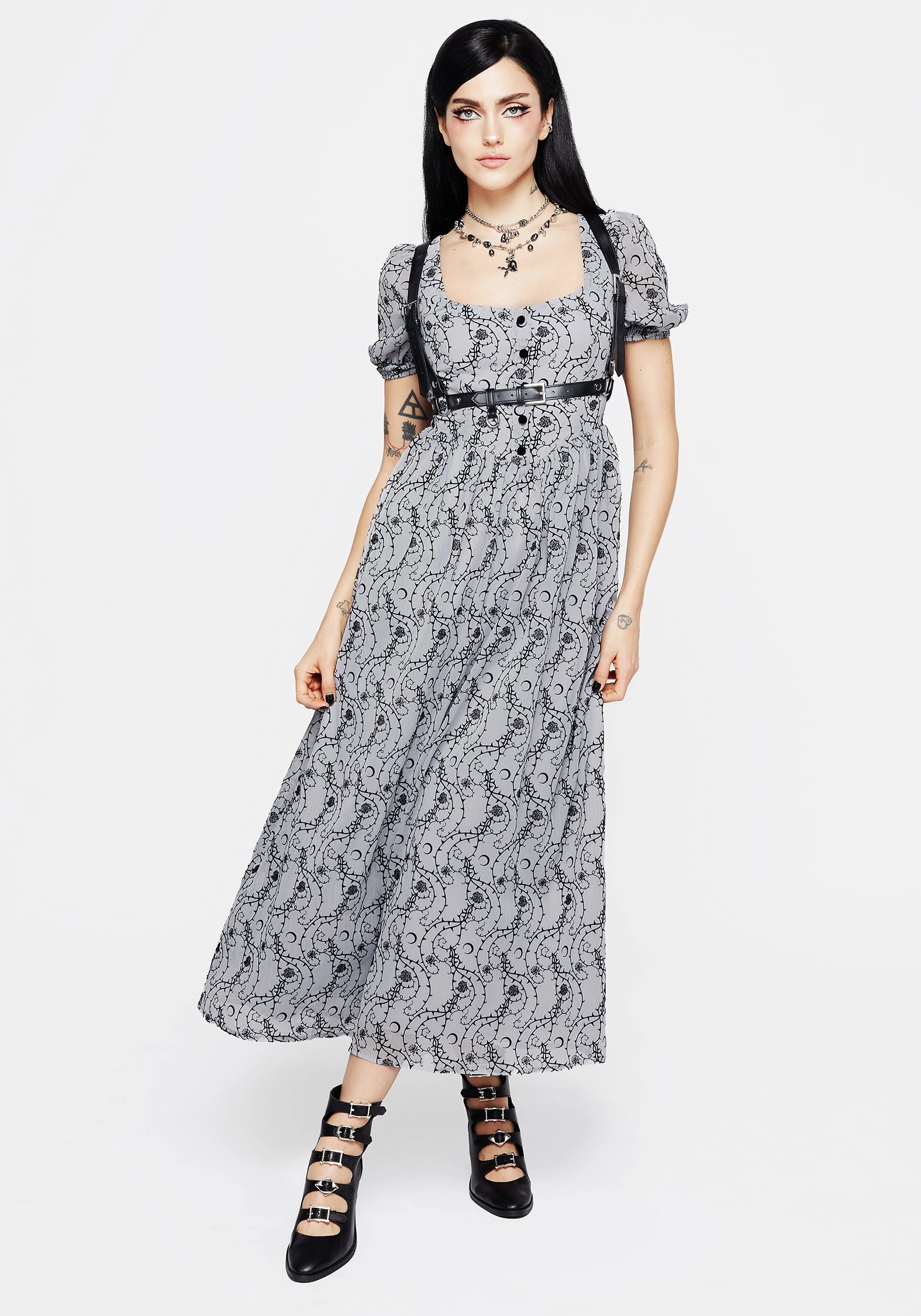 Rosethorn Flocked Velour Puff Sleeve Midaxi Dress - Blue Dresses Womens - wedding guest outfits