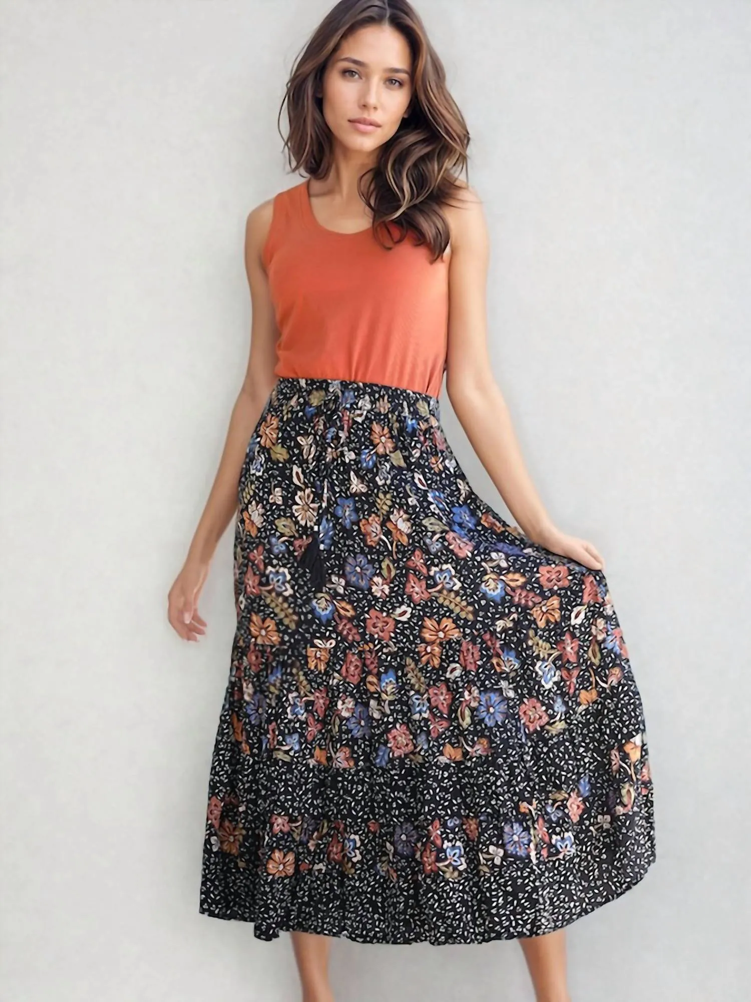 Rowan Tiered Maxi Skirt In Black Multi