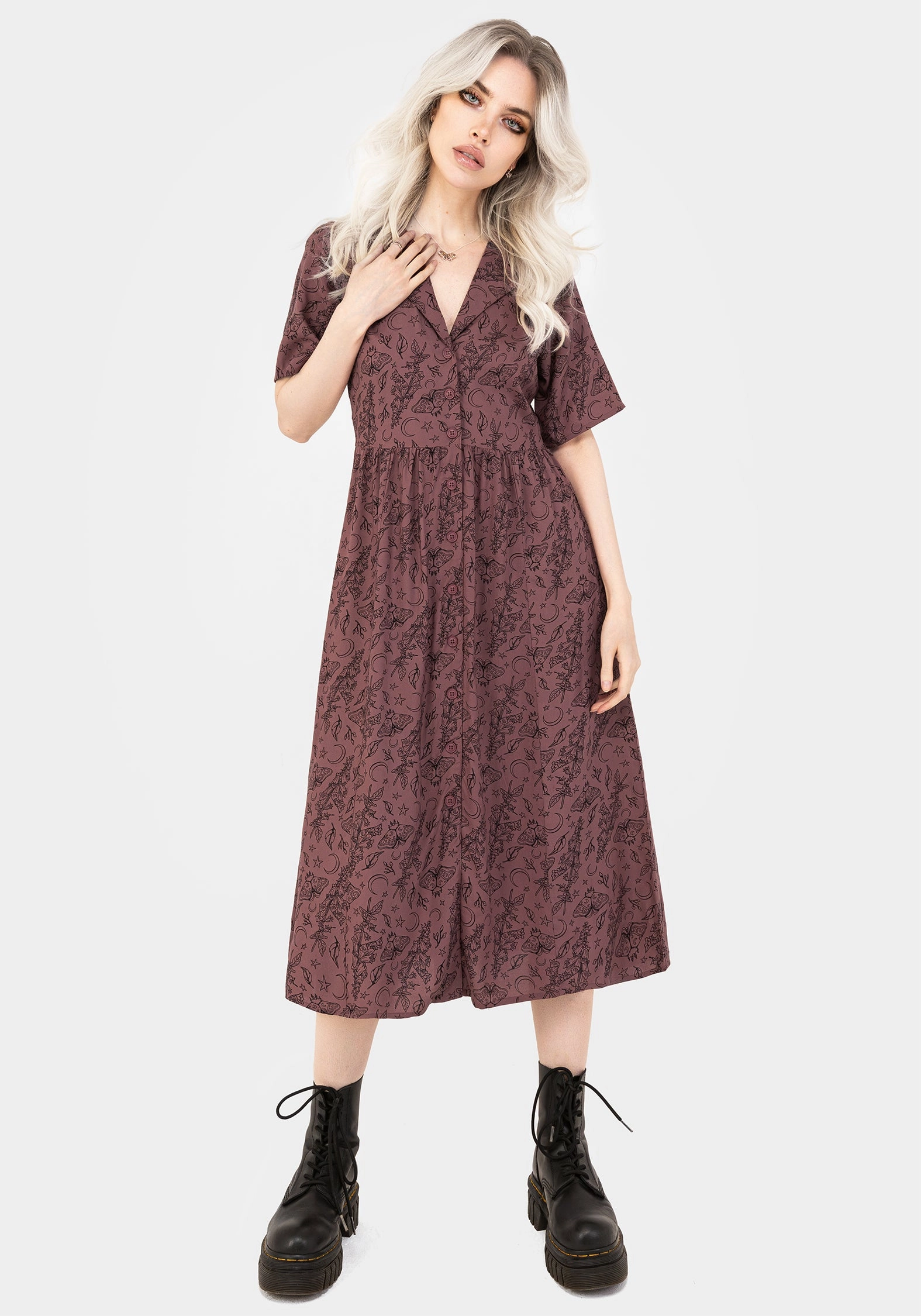 Roxana Moth Foxglove Button Down Midi Shirt Dress Dresses Womens - wedding guest outfits