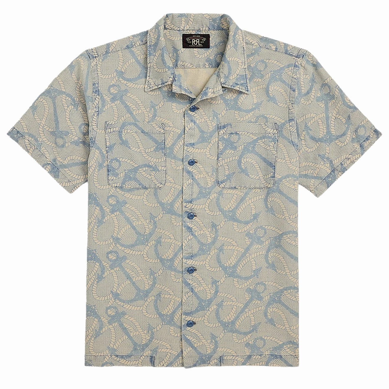 RRL By Ralph Lauren 2 Pocket Camp Short Sleeve Sport Shirt Indigo / Cream Multi mens tank tops best deals