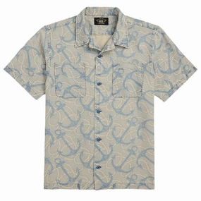 RRL By Ralph Lauren 2 Pocket Camp Short Sleeve Sport Shirt Indigo / Cream Multi mens tank tops best deals