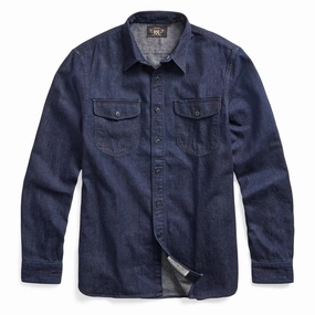 RRL by Ralph Lauren Indigo Cotton-Linen Denim Workshirt Rinse Wash mens tank tops best deals