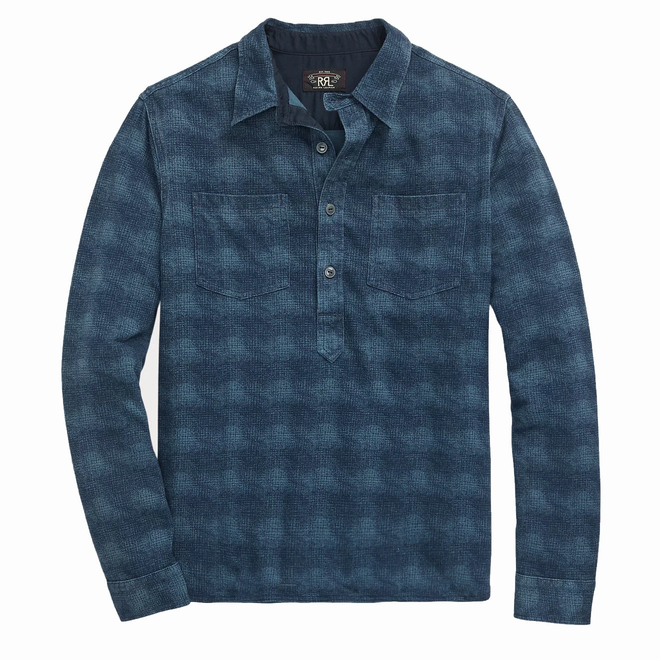 RRL by Ralph Lauren Plaid-Print Jersey Popover Workshirt Navy/Blue mens tank tops best deals