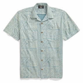 RRL by Ralph Lauren Print Indigo Jersey Camp Shirt Indigo/Cream mens tank tops best deals