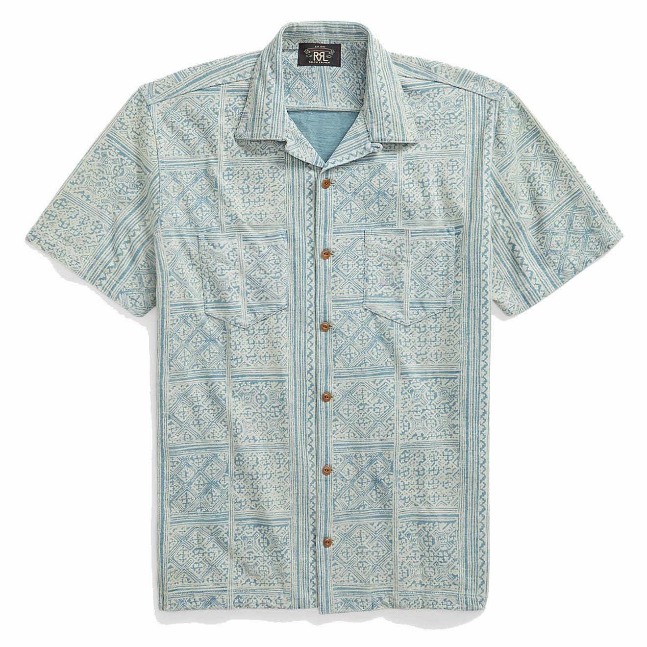 RRL by Ralph Lauren Print Indigo Jersey Camp Shirt Indigo/Cream mens tank tops best deals