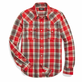 RRL by Ralph Lauren Slim Fit Plaid Twill Western Shirt Red / Grey mens tank tops best deals