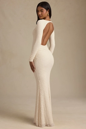 Ruched Backless Lace Maxi Dress in Ivory Dresses - midi dresses clearance