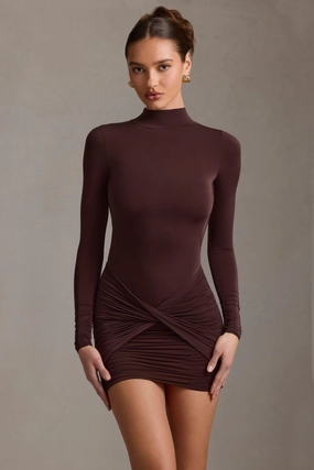 Ruched Backless Turtleneck Mini Dress in Chocolate Brown Dresses - sundresses outlet