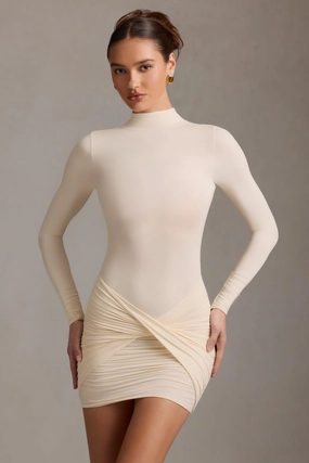 Ruched Backless Turtleneck Mini Dress in Ivory Dresses - lace dresses best price