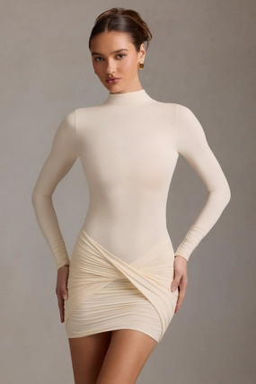 Ruched Backless Turtleneck Mini Dress in Ivory Dresses - sundresses outlet