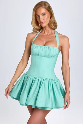 Ruched Halterneck Mini Dress in Sea Green Dresses - wrap dresses discount