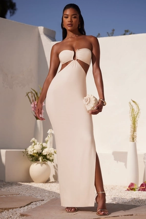 Ruched Hardware Detail Bandeau Floor Length Dress in Ivory Dresses - sundresses outlet