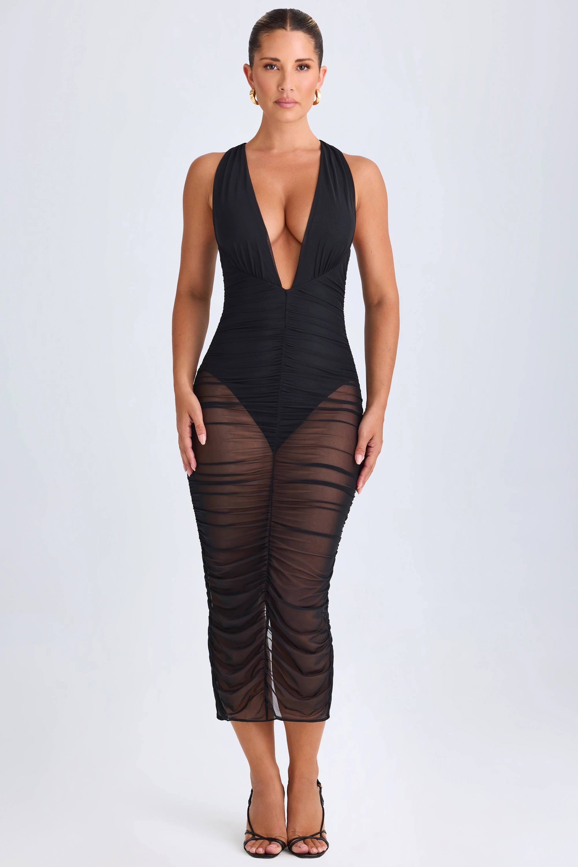 Ruched Plunge Midaxi Dress in Black Dresses - sundresses outlet