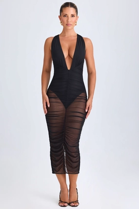 Ruched Plunge Midaxi Dress in Black Dresses - sundresses outlet
