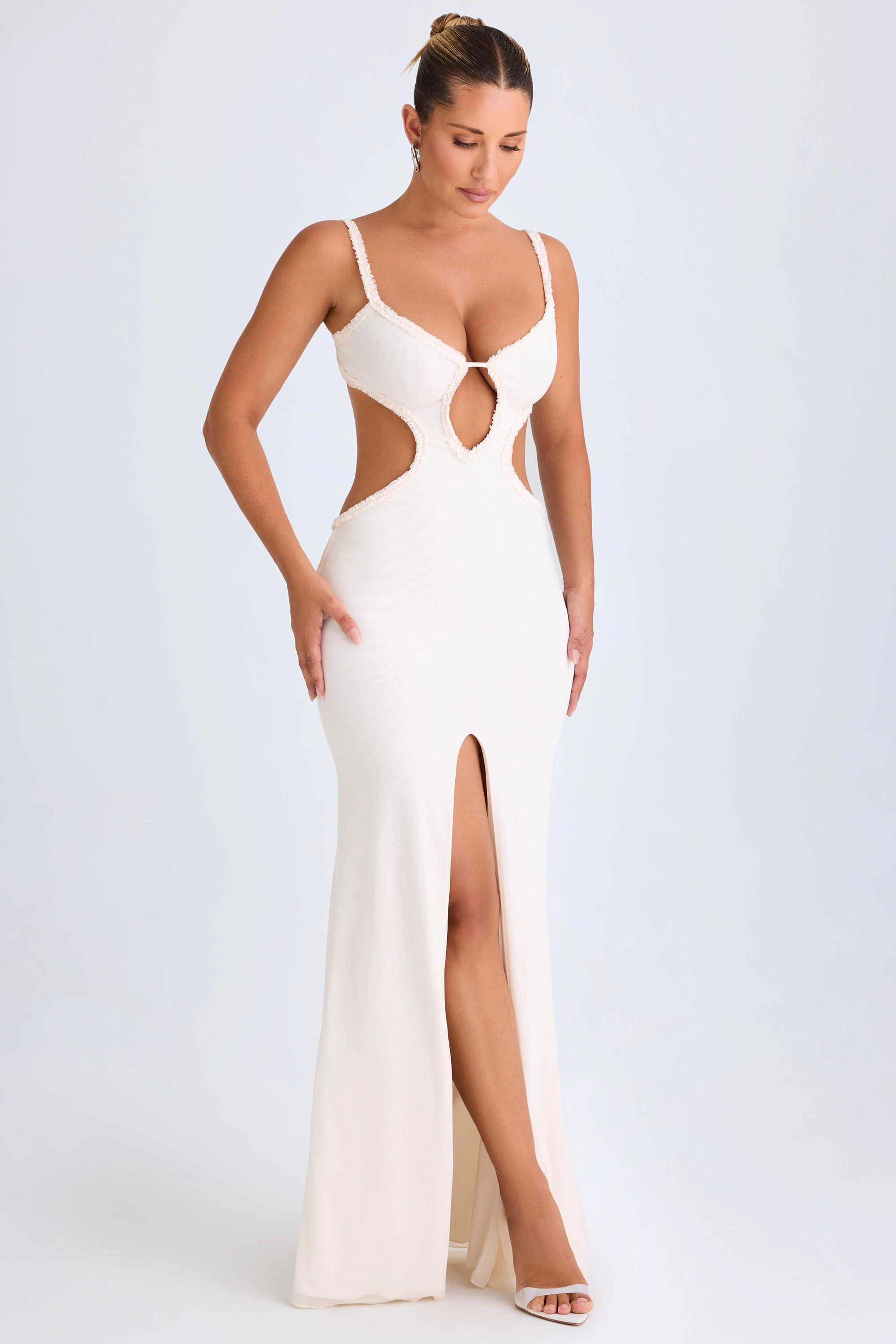 Ruffle-Appliqu Cut-Out Maxi Dress in White