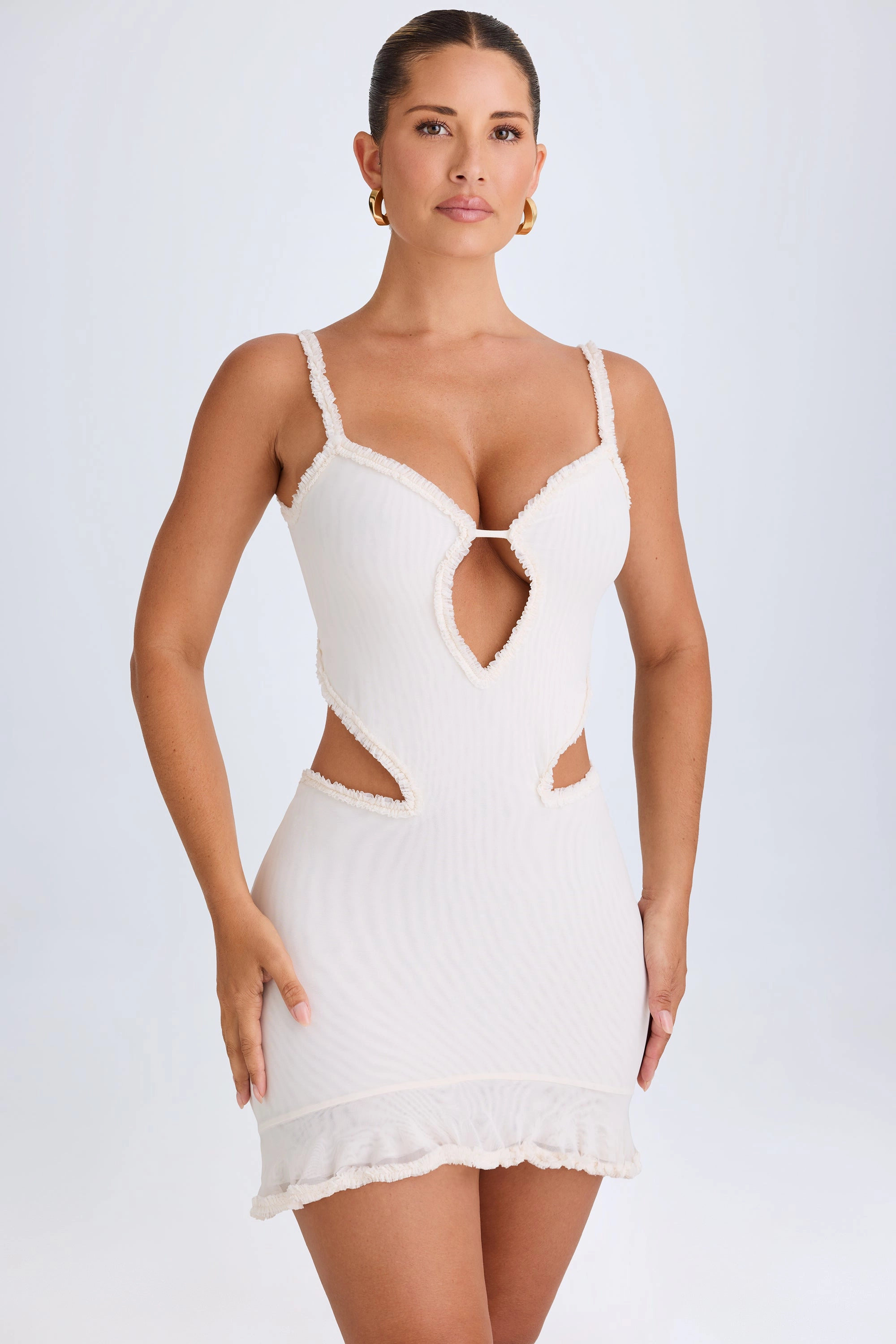 Ruffle-Appliqu Cut-Out Mini Dress in White