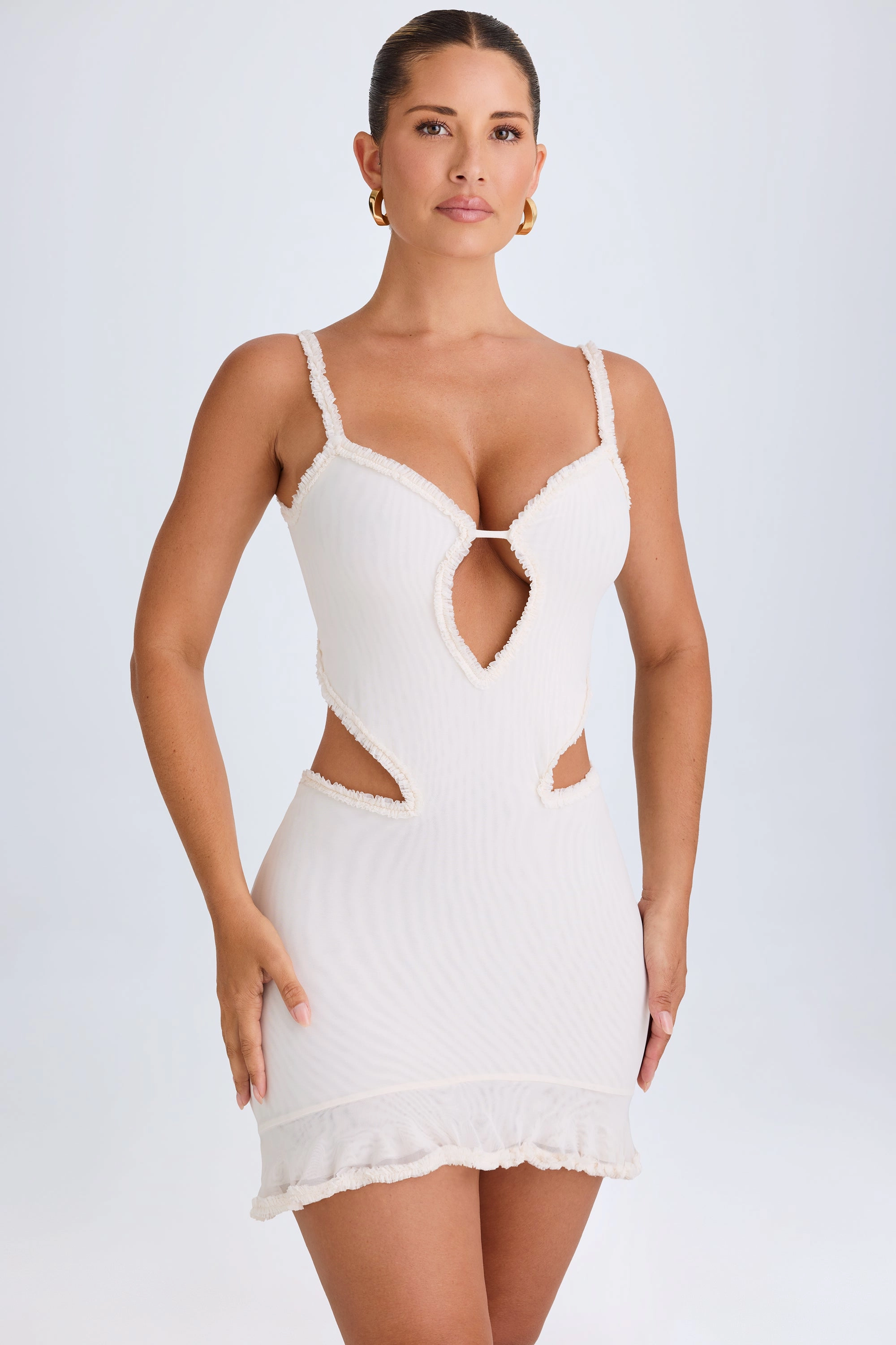 Ruffle-Appliqu Cut-Out Mini Dress in White