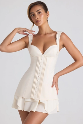 Ruffle-Trim Button-Detail Corset Mini Dress in Ivory Dresses - lace dresses best price