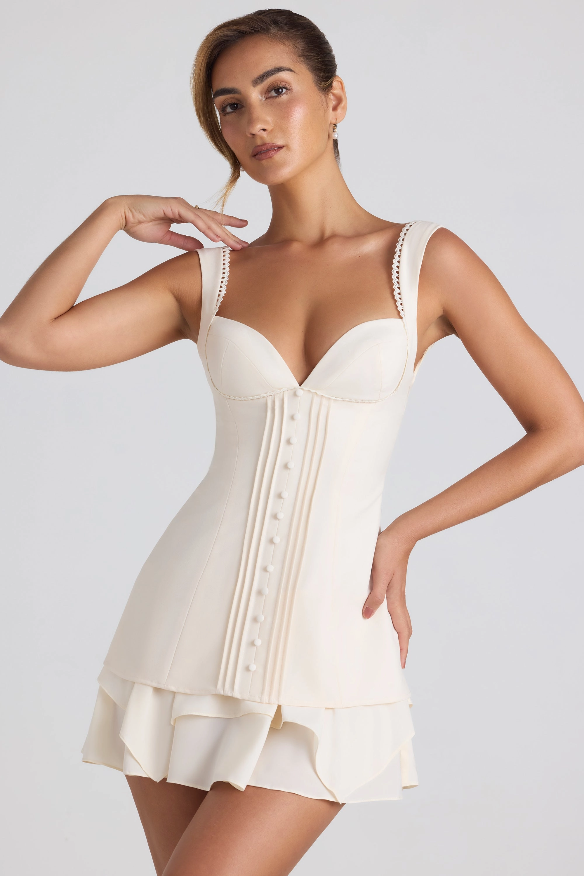 Ruffle-Trim Button-Detail Corset Mini Dress in Ivory Dresses - lace dresses best price