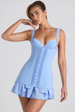 Ruffle-Trim Button-Detail Corset Mini Dress in Sky Blue Dresses - lace dresses best price