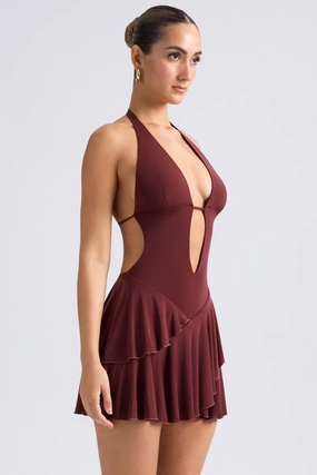 Ruffled Cut-Out Halterneck Mini Dress in Chestnut Brown Dresses - lace dresses best price